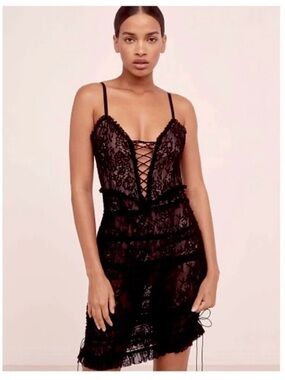 For Love And Lemons Gracie Lace Slip Dress Black Sheer Dark Romantic Corset S